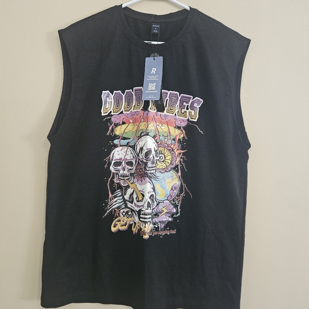 Romwe NWT Large Sleeveless Graphic T-shirt "Good Vibes"